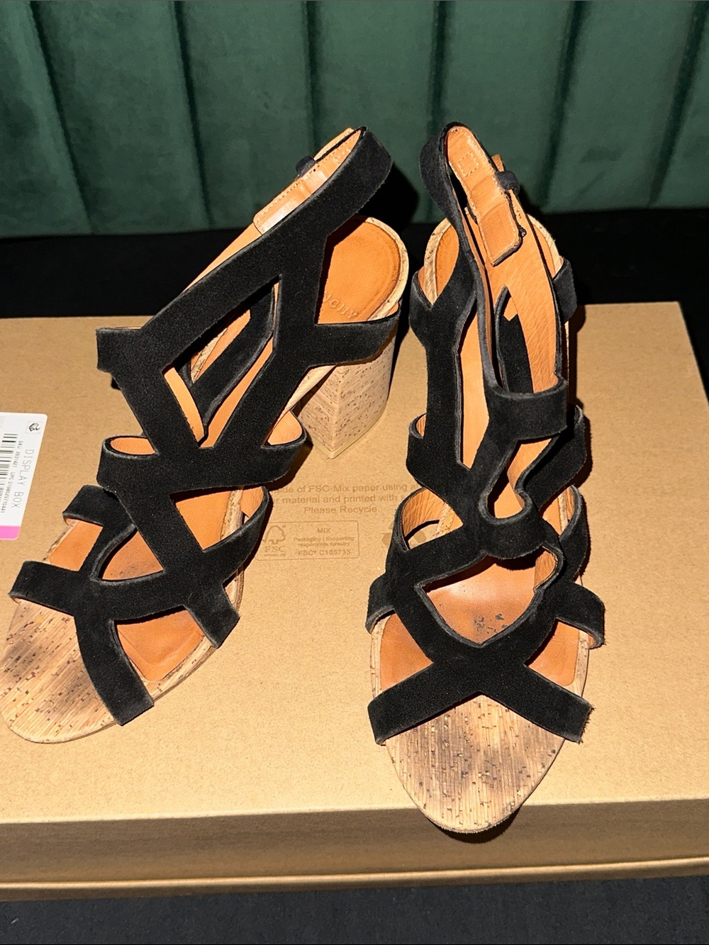 Givenchy Black Suede Cutout Cork Block Heel Sandals Size 37 1/2